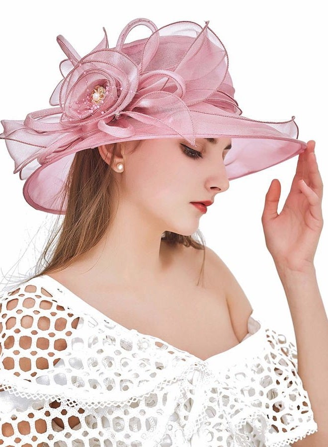 ELLYDOOR Women Derby Fascinator Hat Organza Church Wedding Tea Party Hats Wide Brim Sun Hat, 08 Pink, One size - Image 1