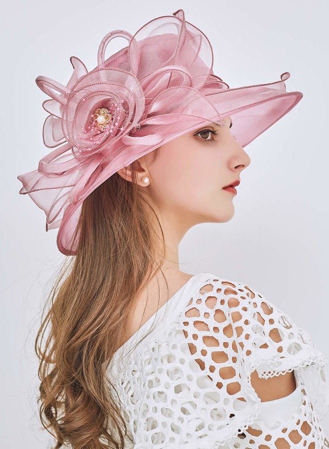 ELLYDOOR Women Derby Fascinator Hat Organza Church Wedding Tea Party Hats Wide Brim Sun Hat, 08 Pink, One size - Image 3