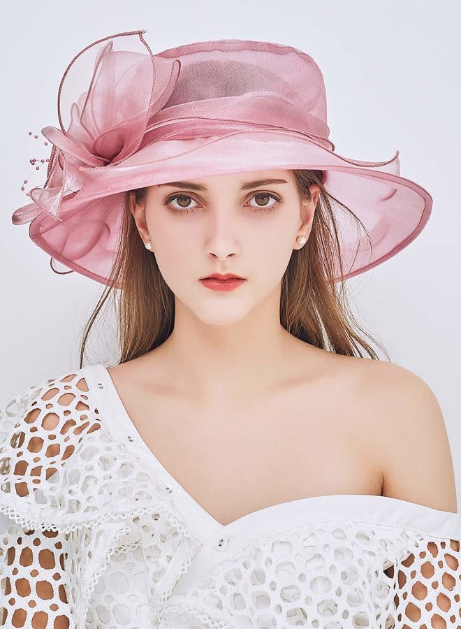 ELLYDOOR Women Derby Fascinator Hat Organza Church Wedding Tea Party Hats Wide Brim Sun Hat, 08 Pink, One size - Image 4