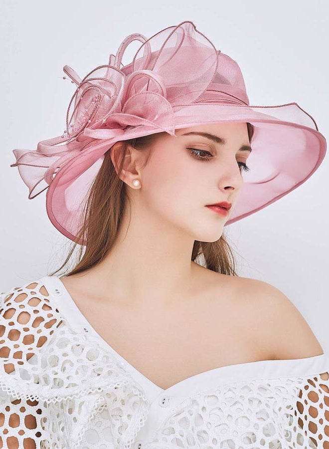 ELLYDOOR Women Derby Fascinator Hat Organza Church Wedding Tea Party Hats Wide Brim Sun Hat, 08 Pink, One size - Image 2