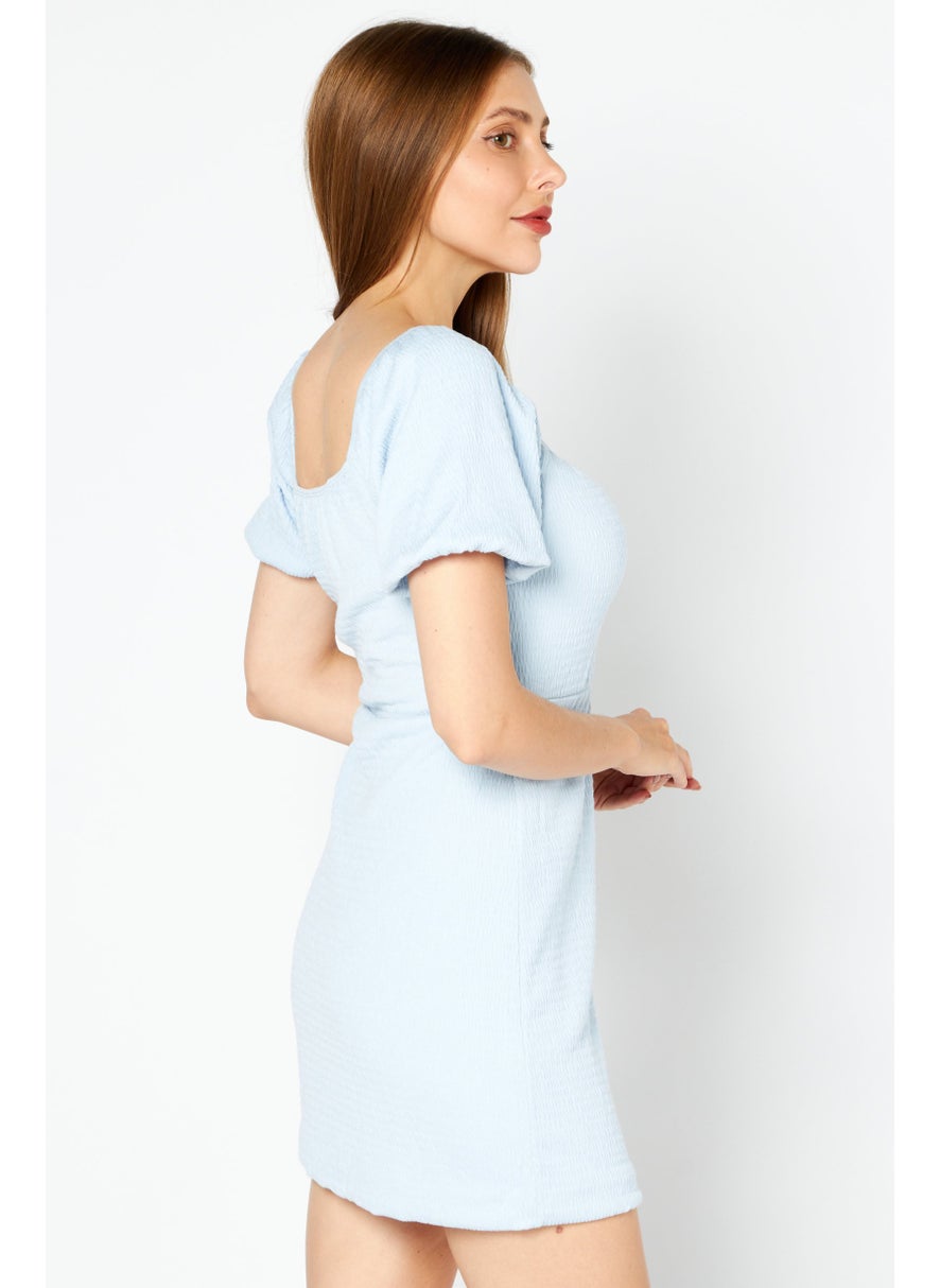 Lost + Wander - Women Halter Neck Short Sleeve Textured Mini Dress,  Light Blue - Image 1