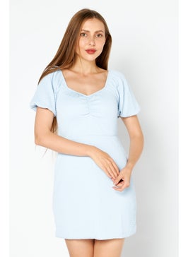 Women Halter Neck Short Sleeve Textured Mini Dress,  Light Blue