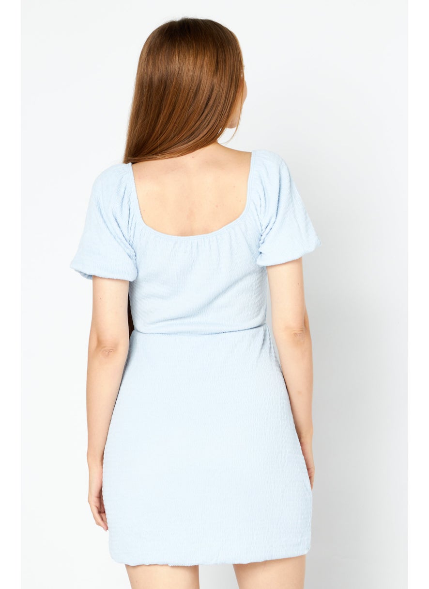 Lost + Wander - Women Halter Neck Short Sleeve Textured Mini Dress,  Light Blue - Image 1