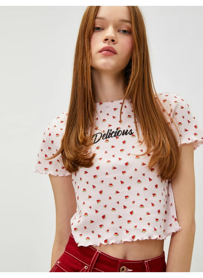 كوتون Crop T-Shirt Printed Crew Neck Short Sleeve