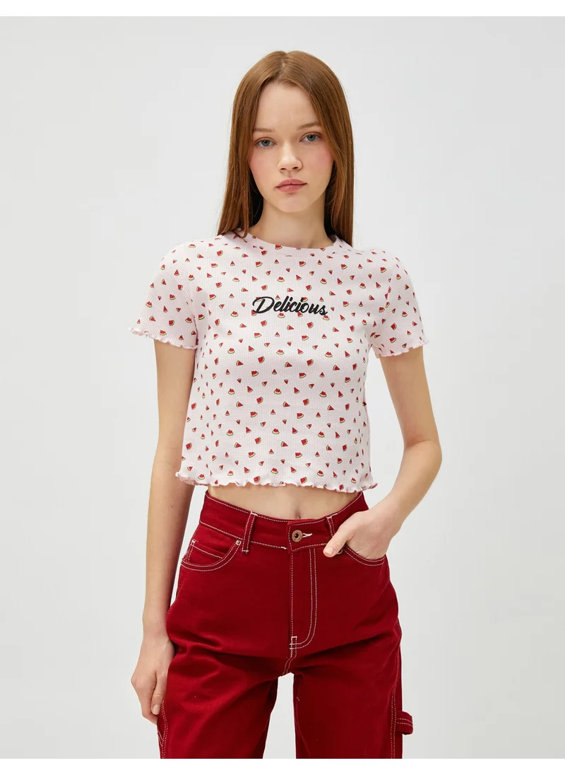 KOTON Crop T-Shirt Printed Crew Neck Short Sleeve