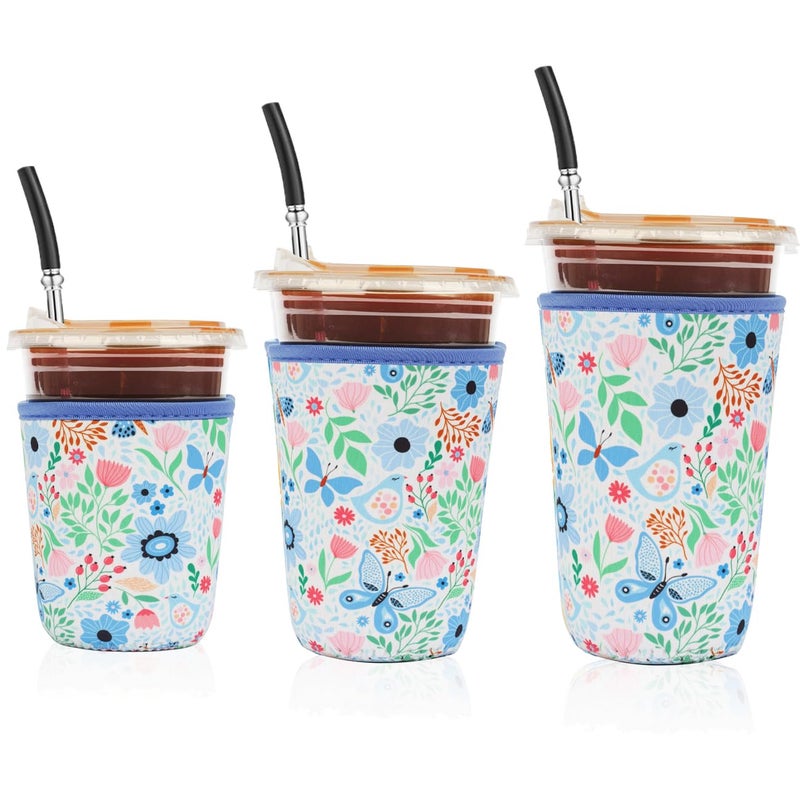 Reusable 3Pack Iced Coffee Cup Sleeve Insulated Neoprene Beverage Holder for Iced Coffee Durable Drink Sleeve for Cold Beverages Butterfly Bloom