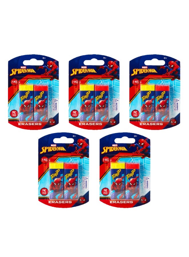 SPIDERMAN Marvel Spiderman 2 Basic Pastel Eraser PVC Free Dust Free Non Toxic Set of 5 Packs (10 Pieces) Light Pink Purple Ultra Clean Gentle on Paper Perfect for School Drawing and Writing - Image 1