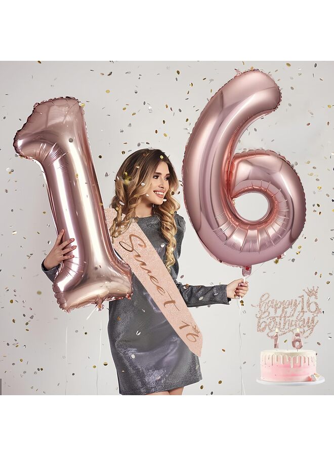 Birthday Decorations, Including 16th Happy Birthday Cake Toppers, Queen Sash with Pin, Sweet Rhinestone Tiara Crown, Number Candles and Balloons Set, Rose Gold - Image 3