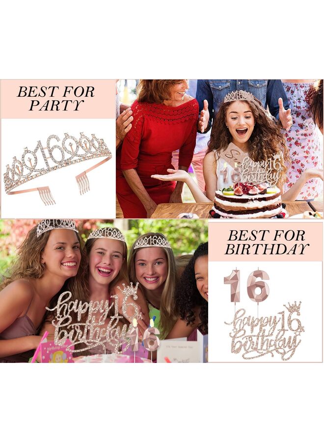 Birthday Decorations, Including 16th Happy Birthday Cake Toppers, Queen Sash with Pin, Sweet Rhinestone Tiara Crown, Number Candles and Balloons Set, Rose Gold - Image 4