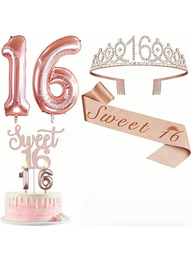 Birthday Decorations, Including 16th Happy Birthday Cake Toppers, Queen Sash with Pin, Sweet Rhinestone Tiara Crown, Number Candles and Balloons Set, Rose Gold - Image 1