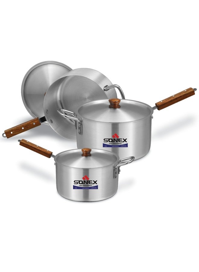 SONEX  Aluminum Saucepan Set – 3-Piece Cookware with Wooden Handle & Metal Finish, Dual Handles, Durable & Heat-Resistant, Dishwasher Safe, Ideal for Soups, Stews & Boiling – Large Sizes: 4L, 6L, 8L - Image 1
