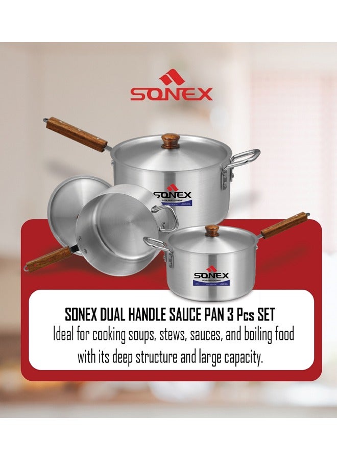 SONEX  Aluminum Saucepan Set – 3-Piece Cookware with Wooden Handle & Metal Finish, Dual Handles, Durable & Heat-Resistant, Dishwasher Safe, Ideal for Soups, Stews & Boiling – Large Sizes: 4L, 6L, 8L - Image 5