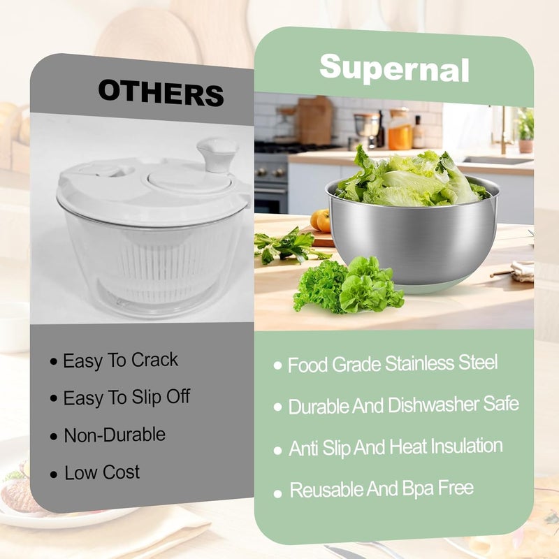 supernal سوبرنال 5.3 كوارت مصفاة سلطة من الستانلس ستيل كبيرة مع زر إيقاف، مجفف خضروات، وعاء تقطيع سلطة، قاعدة مانعة للانزلاق، آمنة للاستخدام في غسالة الأطباق، غسالة فواكه، غطاء شفاف وفتحة تصريف، أخضر زاهي - Image 4