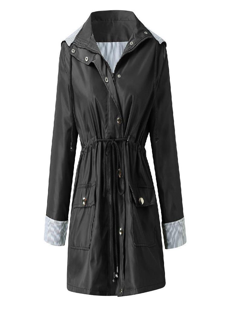 Eckek - Women Solid Rain Jacket Outdoor Plus Size Waterproof Hooded Windproof Loose Coat - Image 1