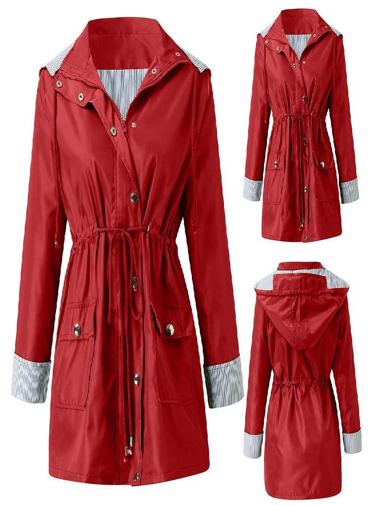 Eckek - Women Solid Rain Jacket Outdoor Plus Size Waterproof Hooded Windproof Loose Coat - Image 1