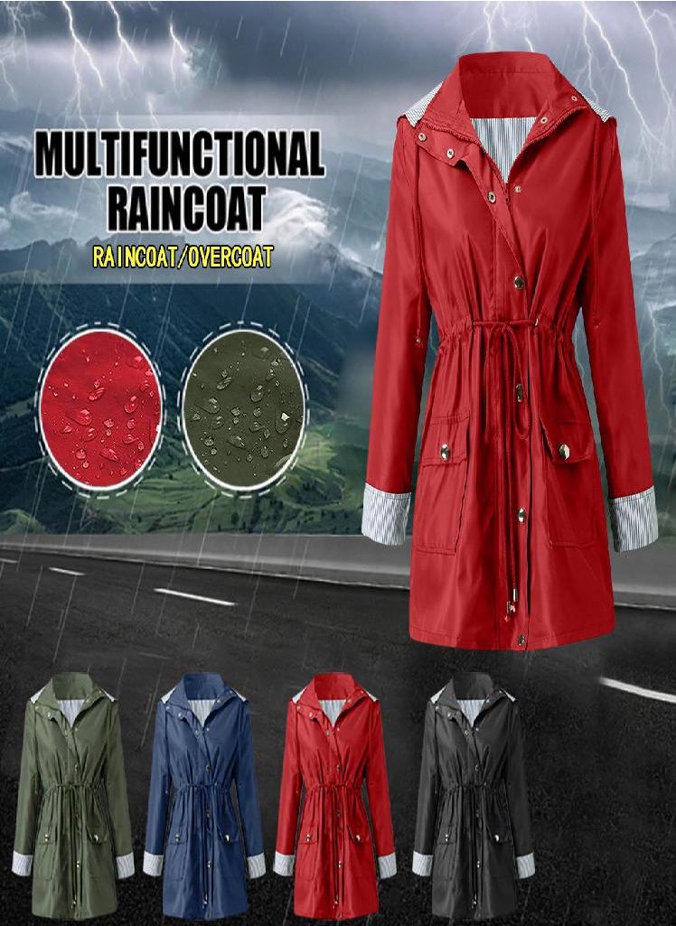 Eckek - Women Solid Rain Jacket Outdoor Plus Size Waterproof Hooded Windproof Loose Coat - Image 1