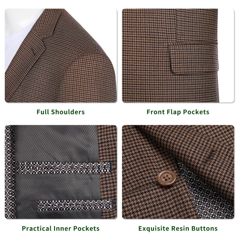P&L Men's Classic Fit Houndstooth Blazer Sport Coat 2 Button Casual Jacket for Business, Party & Travel Brown - Image 3