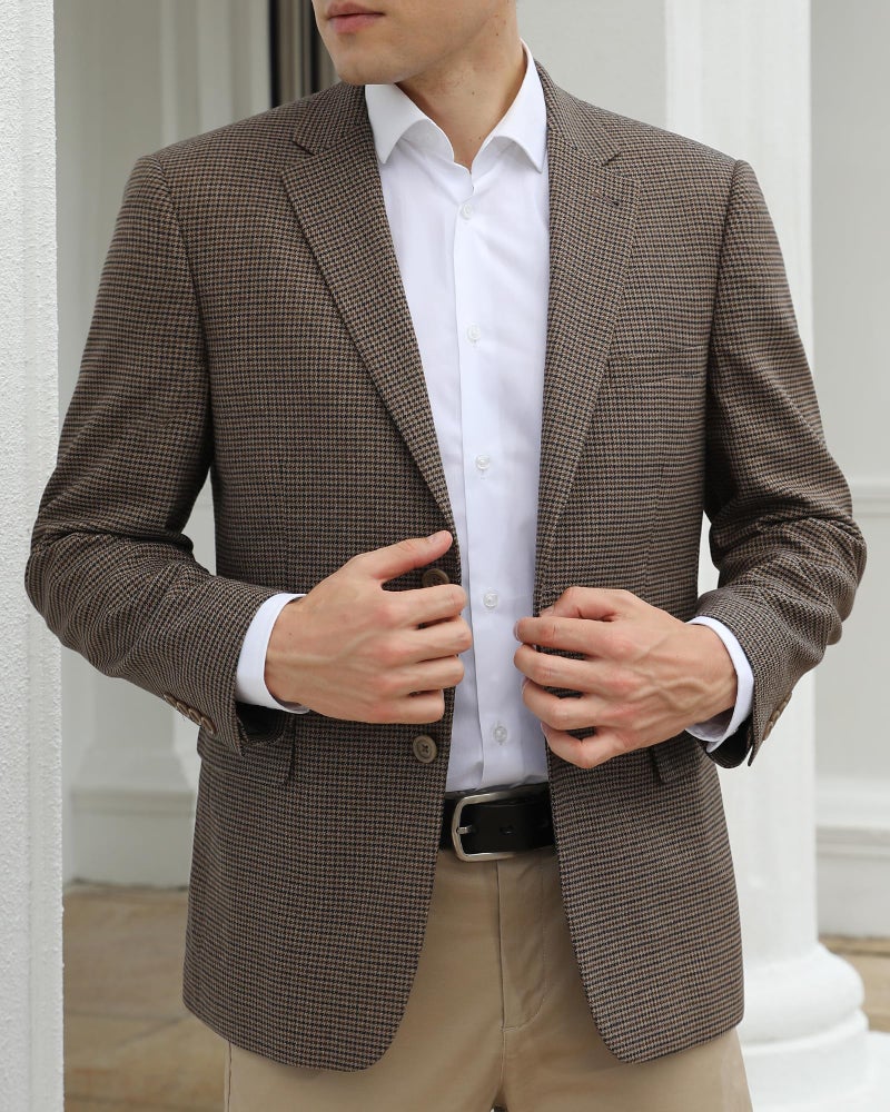 P&L Men's Classic Fit Houndstooth Blazer Sport Coat 2 Button Casual Jacket for Business, Party & Travel Brown - Image 2