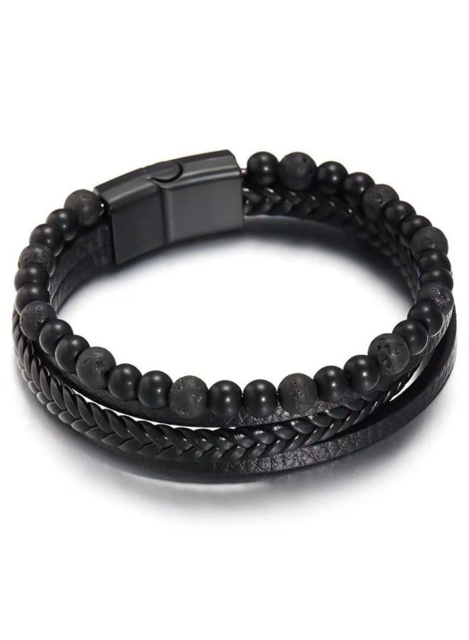 حجر طبيعيّ متعدد الطبقات جلد سوار أسود - Image 1