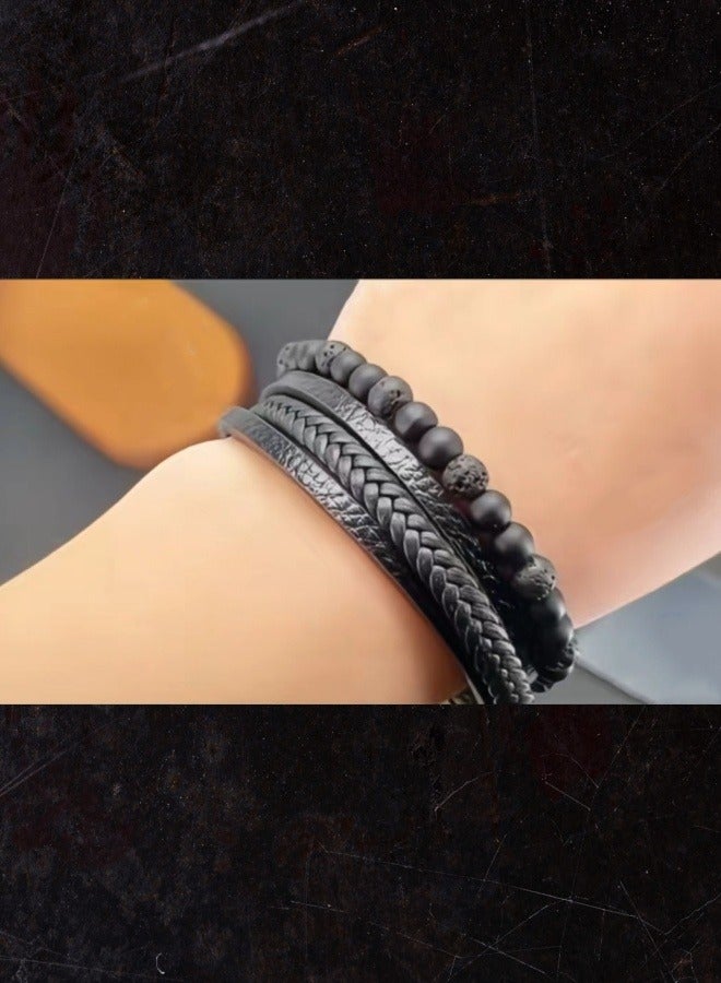 حجر طبيعيّ متعدد الطبقات جلد سوار أسود - Image 2