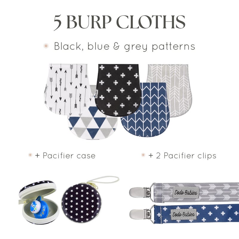 Dodo Babies Cotton Burp Cloths - Absorbent Cotton Baby Essentials - Contoured Shoulder for Baby Boy Essentials - Pacifier Clip & Case Included - 8-Piece Set, 19 x 9 in, Black/Blue/Gray - Image 2