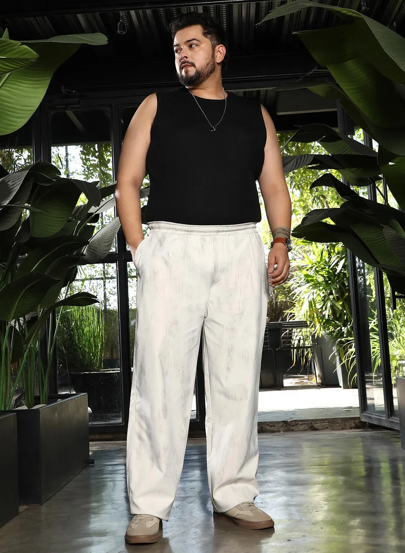 Instafab Plus  Men Gazed-Imprint Relaxed Trousers | Mid-Rise, Elasticated Stretch Waist | Pull On Closure, Straight Hem | Abstract Print Twill | Woven Fabric For Plus Size Casual & Daily Wear | White for Men | Best Price UAE