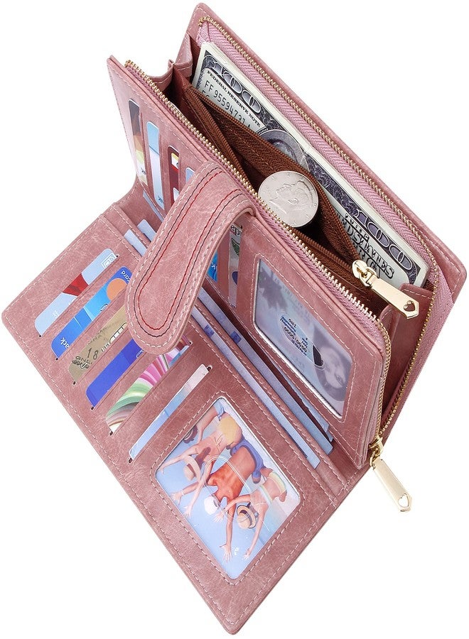 YOUBDM Leather Wallets for Women Large Capacity Credit Card Holder Ladies Travel Clutch Purse Bifold Oil Wax Wallet with Zipper Pocket - Image 2