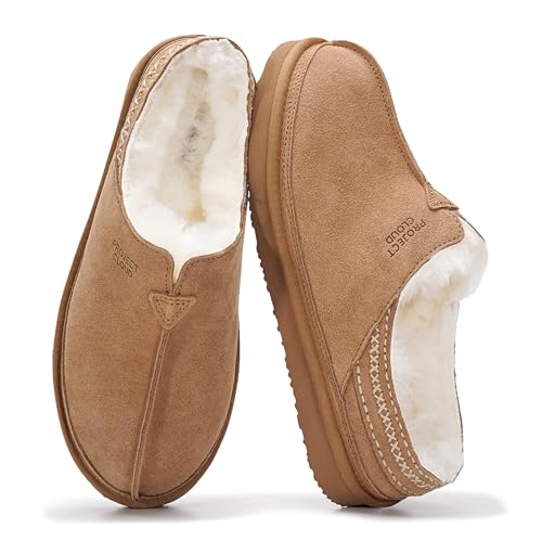 Project Cloud Mens Slippers 100% Genuine Leather & Australian Shearling Lining Furry House Slippers for Men with Memory Foam Insole - Lightweight and Non-Slip Mens Shoes (Unwind,CHSTNUTSDE,8) - Image 1