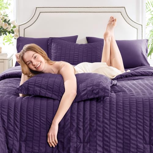 CozyLux Queen Comforter Set Purple Seersucker 7 Pieces Bed in a Bag Queen Comforter Set with Sheets, Luxury Soft Bedding Set with Down Alternative Comforter, Sheets, Pillowcases & Shams for All Season - Image 3