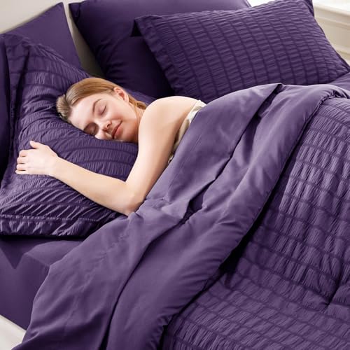 CozyLux Queen Comforter Set Purple Seersucker 7 Pieces Bed in a Bag Queen Comforter Set with Sheets, Luxury Soft Bedding Set with Down Alternative Comforter, Sheets, Pillowcases & Shams for All Season - Image 5
