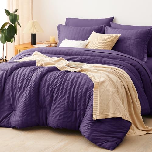 CozyLux Queen Comforter Set Purple Seersucker 7 Pieces Bed in a Bag Queen Comforter Set with Sheets, Luxury Soft Bedding Set with Down Alternative Comforter, Sheets, Pillowcases & Shams for All Season - Image 1