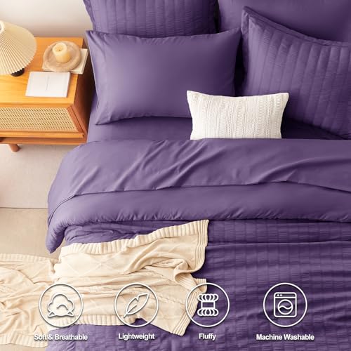 CozyLux Queen Comforter Set Purple Seersucker 7 Pieces Bed in a Bag Queen Comforter Set with Sheets, Luxury Soft Bedding Set with Down Alternative Comforter, Sheets, Pillowcases & Shams for All Season - Image 2