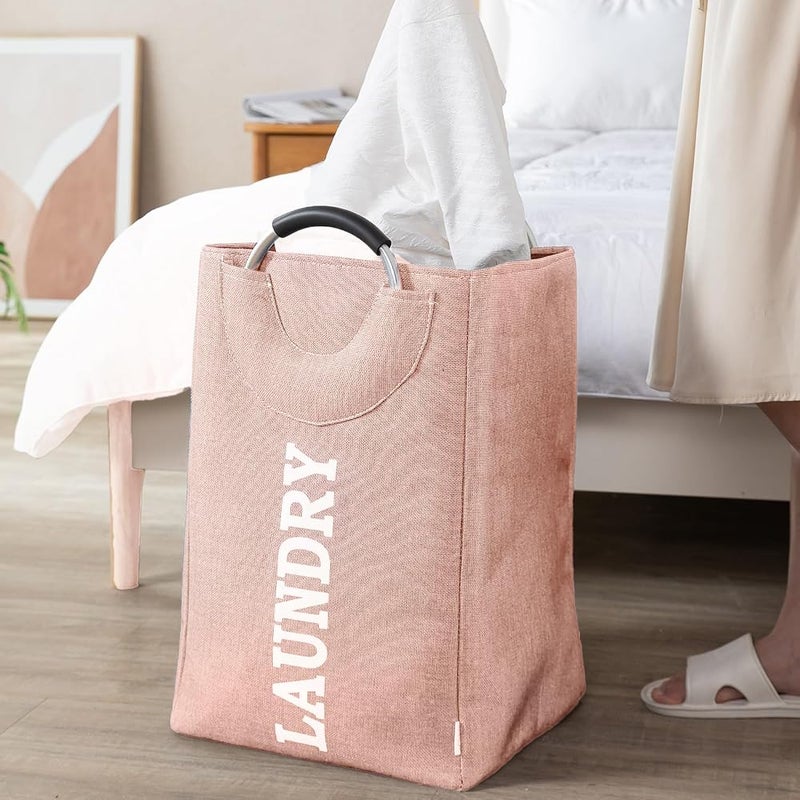 GOGO Laundry Basket Foldable Laundry Basket with Handle Large Capacity Dirty Clothes Basket Storage Bag Waterproof Home Laundry Organizer Hamp 32x25x50Cm - Pink - Image 1