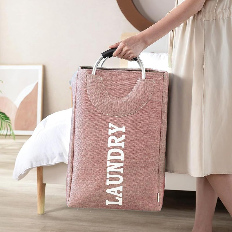 GOGO Laundry Basket Foldable Laundry Basket with Handle Large Capacity Dirty Clothes Basket Storage Bag Waterproof Home Laundry Organizer Hamp 32x25x50Cm - Pink - Image 4