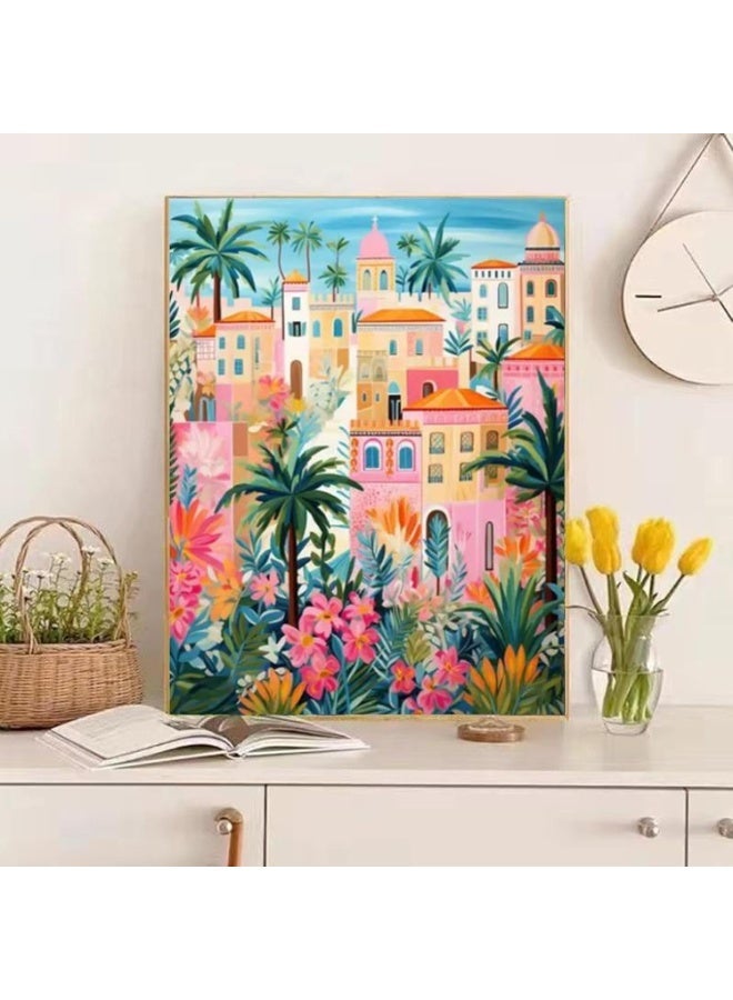 ChicAbode Paint by Numbers Kit for Adults – Colorful Tropical Town with Palm Trees and Flowers, 40x50cm DIY Acrylic Painting on Canvas with Assembly Frame for Wall Art Decoration - Image 1