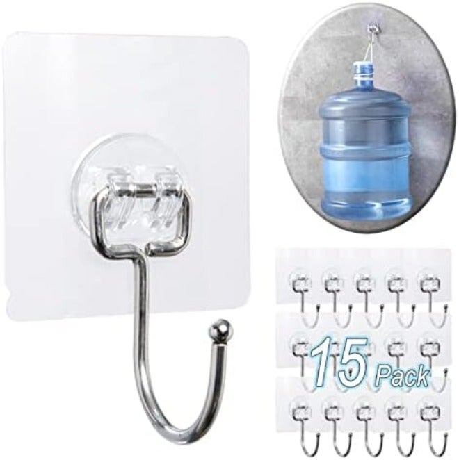 CenterZ 15 Pack Large Double Adhesive Wall Hooks, Damage-Free Waterproof 33 Ib Max Heavy Duty Hanging Clear Seamless Sticky Utility Hooks, Towel Coats Hats Clothes Nail Free Hangers (Twin Round Head) - Image 1