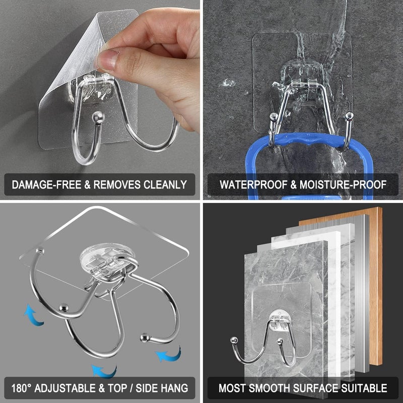 CenterZ 15 Pack Large Double Adhesive Wall Hooks, Damage-Free Waterproof 33 Ib Max Heavy Duty Hanging Clear Seamless Sticky Utility Hooks, Towel Coats Hats Clothes Nail Free Hangers (Twin Round Head) - Image 4