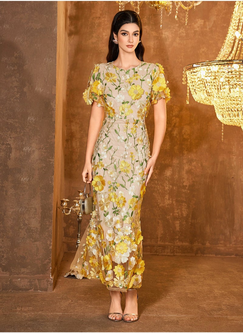 Madam Uniq New Yellow Luxury Round Neck Embroidered 3D Floral Puff Sleeve Mid-Length Dress  - Image 2