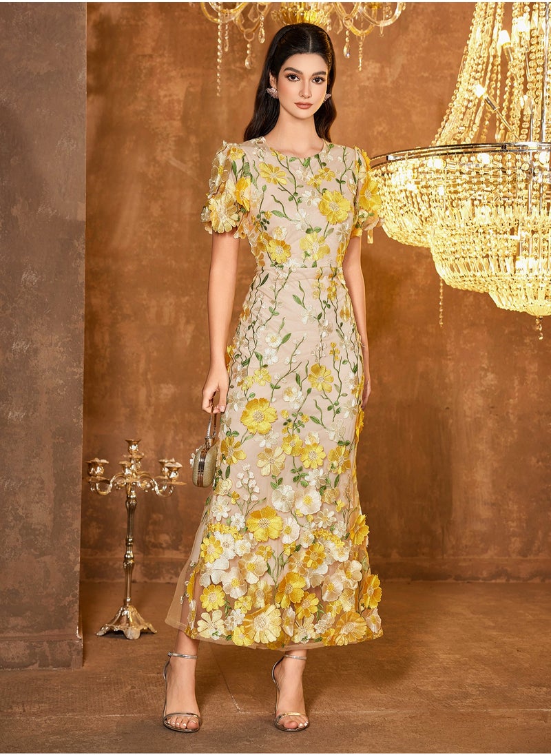 Madam Uniq New Yellow Luxury Round Neck Embroidered 3D Floral Puff Sleeve Mid-Length Dress  - Image 1