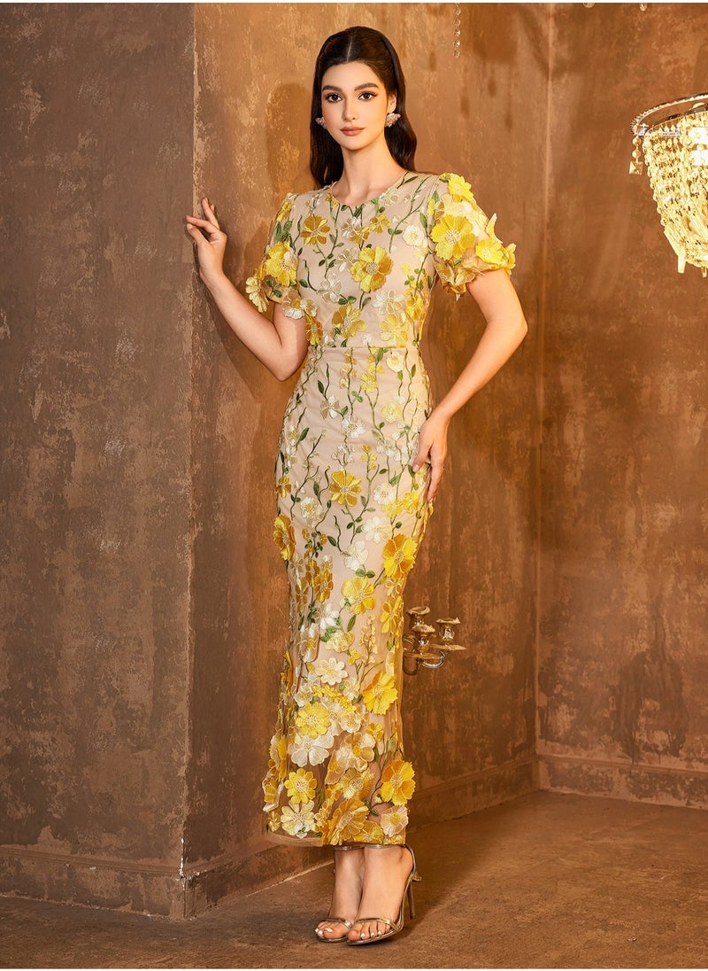 Madam Uniq New Yellow Luxury Round Neck Embroidered 3D Floral Puff Sleeve Mid-Length Dress  - Image 4