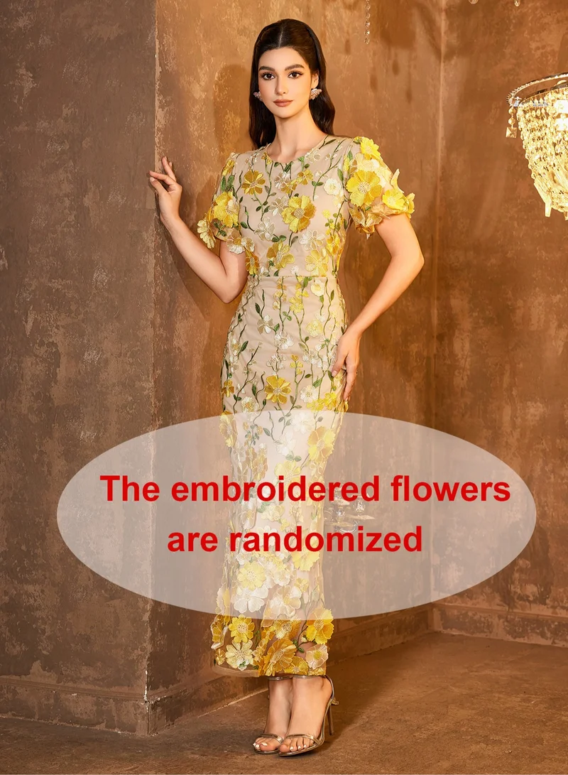 Madam Uniq New Yellow Luxury Round Neck Embroidered 3D Floral Puff Sleeve Mid-Length Dress,Random Floral Arrangement