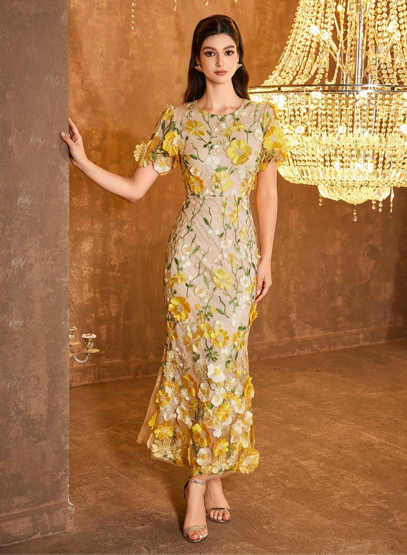 Madam Uniq New Yellow Luxury Round Neck Embroidered 3D Floral Puff Sleeve Mid-Length Dress,Random Floral Arrangement  - Image 4