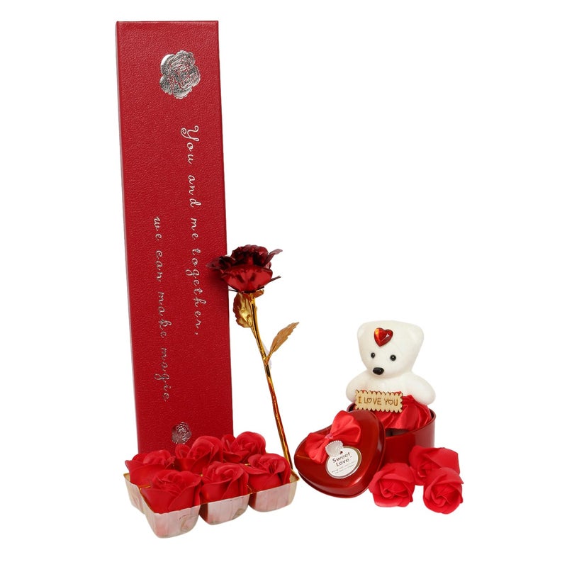 The Flying Tree The Flying Tree Special 24 K Gold Plated Red Rose with Small Teady Valentine Gift for GirlfriendBoyfriendHusbandWife Red - Image 1