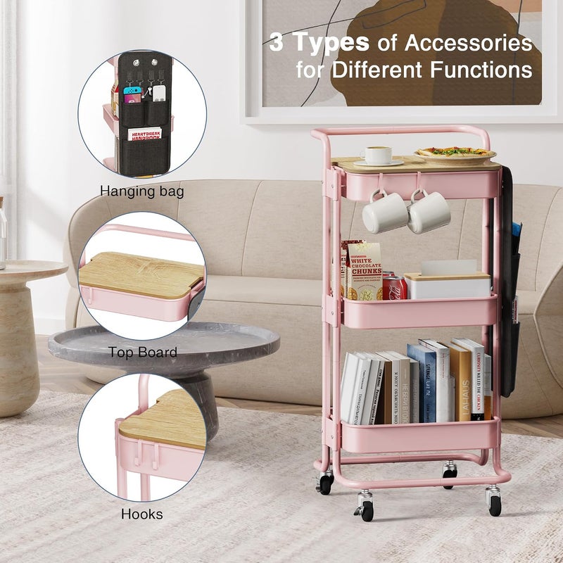 DTK عربة دوارة معدنية متعددة الاستخدامات من بثلاثة أرفف مع سطح طاولة وحقائب جانبية، عربة تخزين منظمة مع صواني معدنية وعجلات، عربة حرفية مع 4 خطافات للمطبخ والحمام والمكتب وغرفة المعيشة (وردي) - Image 5