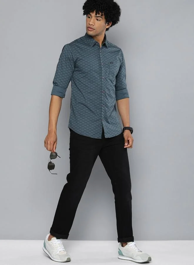 The Indian Garage Co Men Charcoal Printed Spread Collar Shirt