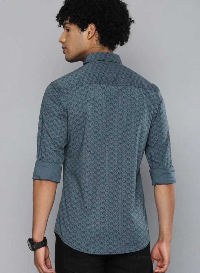 The Indian Garage Co Men Charcoal Printed Spread Collar Shirt