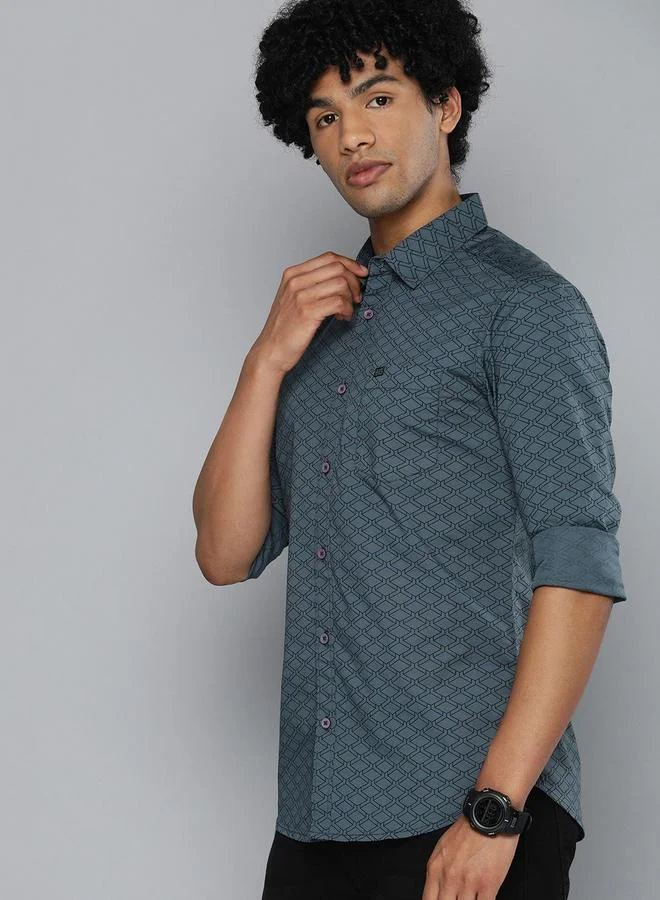 The Indian Garage Co Men Charcoal Printed Spread Collar Shirt