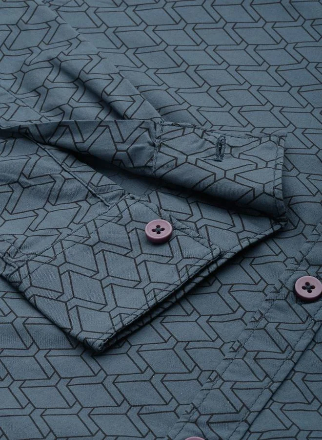 The Indian Garage Co Men Charcoal Printed Spread Collar Shirt