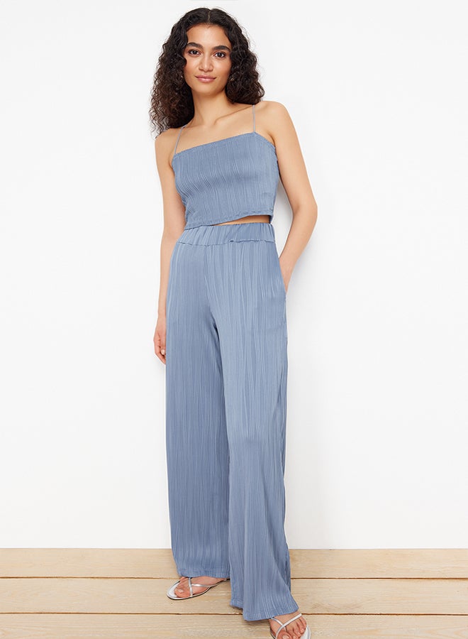 trendyol Indigo Textured Fabric Premium Wide Leg Knitted Trousers TWOSS24PL00070  - Image 1