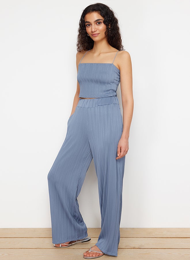 trendyol Indigo Textured Fabric Premium Wide Leg Knitted Trousers TWOSS24PL00070  - Image 2